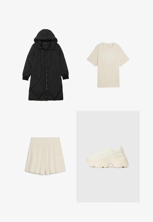 Black quilted puffer coat with a hood, featuring a zip closure, side pockets, and elastic cuffs. Smooth, water-resistant fabric.; Beige cotton t-shirt with a relaxed fit, featuring a white graphic design that says "PUMA sports club" and a small logo above.; Beige ribbed athletic shorts with a wide waistband and small white logo on the front left side, featuring a loose-fitting design.; Chunky white sneakers made of textured mesh and synthetic materials, featuring a thick sole and intricate pattern details along the sides.