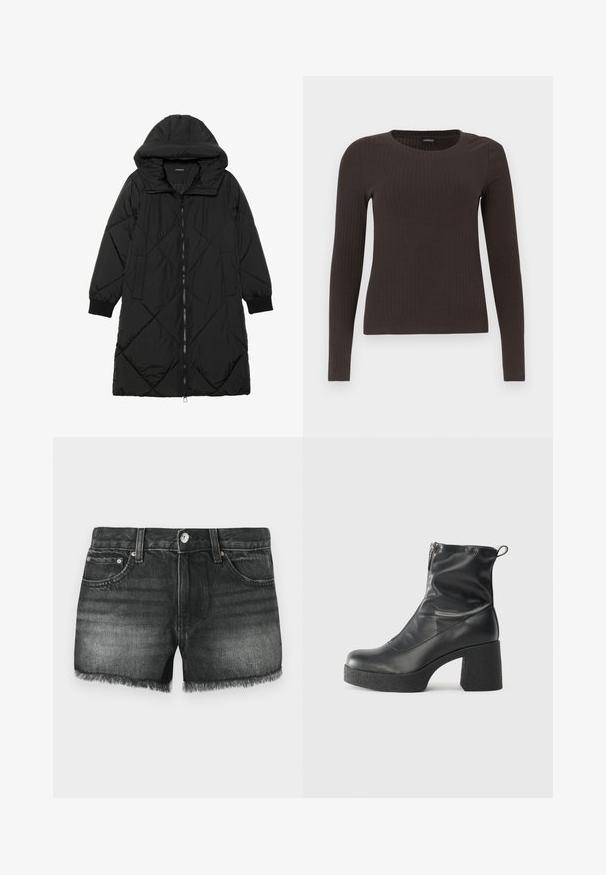 Svart quiltet puffjakke med hette, med glidelås, sidelommer og elastiske mansjetter. Glatt, vannavvisende stoff.; Brun, langermet ribbestrikket topp med rund hals. Laget av et glatt, elastisk materiale, med en tettsittende silhuett og minimalt med detaljer.; Sorte denimshorts med frynset kant, fem lommer og kobberdetaljer. Den falmede finishen har en subtil tekstur og klassisk design.; Svarte ankelstøvler laget av glatt lær, med glidelås på siden, chunky strukturert hæl, og rund tå-design.
