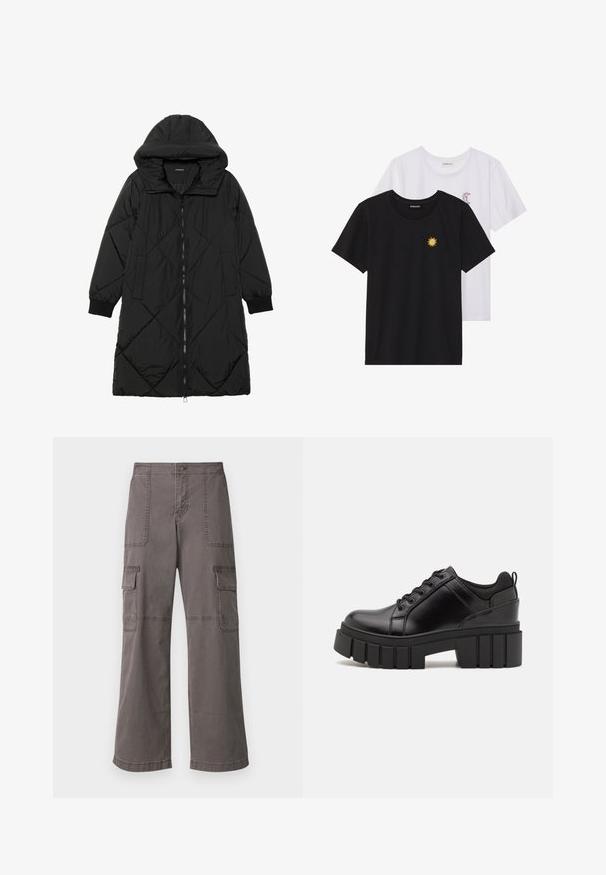 Casaco puffer acolchoado preto com capuz, apresentando um fecho de correr, bolsos laterais e punhos elásticos. Tecido suave e à prova d'água.; T-shirts preto e branco, de decote redondo e mangas curtas. A camisa preta apresenta um bordado de sol amarelo; a branca tem um detalhe de lua crescente roxa.; Calças de carga cinzentas, feitas de algodão, com um design de perna larga, apresentando dois bolsos frontais, dois bolsos laterais e detalhes de costura visíveis.; Sapatos de plataforma em couro preto com um salto bloco robusto, bico redondo e design clássico de atacadores. Apresentam uma textura suave e detalhes mínimos.