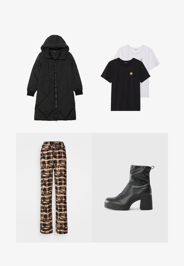 Čierna prešívaná páperová bunda s kapucňou, so zipsom, bočnými vreckami a elastickými manžetami. Hladká, vodeodolná tkanina.; Čierne a biele tričká, okrúhly výstrih, krátke rukávy. Čierne tričko má žltú výšivku slnka; biele má fialový mesiac ako akcent.; Voľné nohavice z ľahkej tkaniny s čierno-bežovým abstraktným vzorom. Nastaviteľný pás na šnúrku, uvoľnený strih.; Čierne členkové topánky z hladkej kože, so bočným zipsom, robustnou textúrovanou pätnou časťou a zaobleným dizajnom špičky.