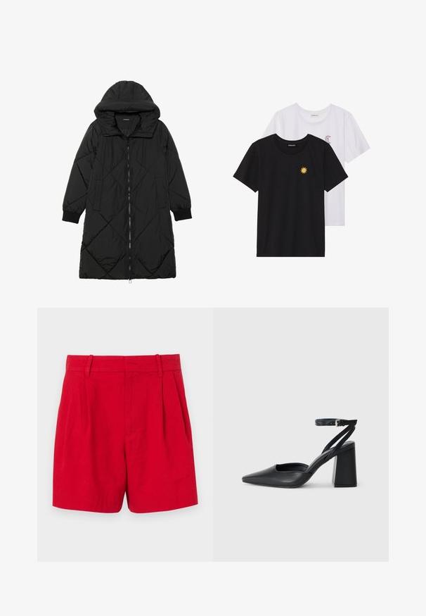 Crna tkanina sa štepom puffer kaput s kapuljačom, sa zatvaračem na zip, bočnim džepovima i elastičnim manžetama. Glatka, vodootporna tkanina.; Crne i bijele majice, okrugli izrez, kratki rukavi. Crna majica ima žuti vez suncem; bijela majica ima ljubičasti naglasak u obliku polumjeseca.; Crvene lanene kratke hlače s visokim strukom, s nagibima sprijeda, petljama za remen i glatkom teksturom. Standardni kroj s čistim, krojenim dizajnom.; Crne kožne cipele s špicastim vrhom, remenom oko gležnja i debelim potplatom. Ravna tekstura, elegantan dizajn i minimalistička estetika.