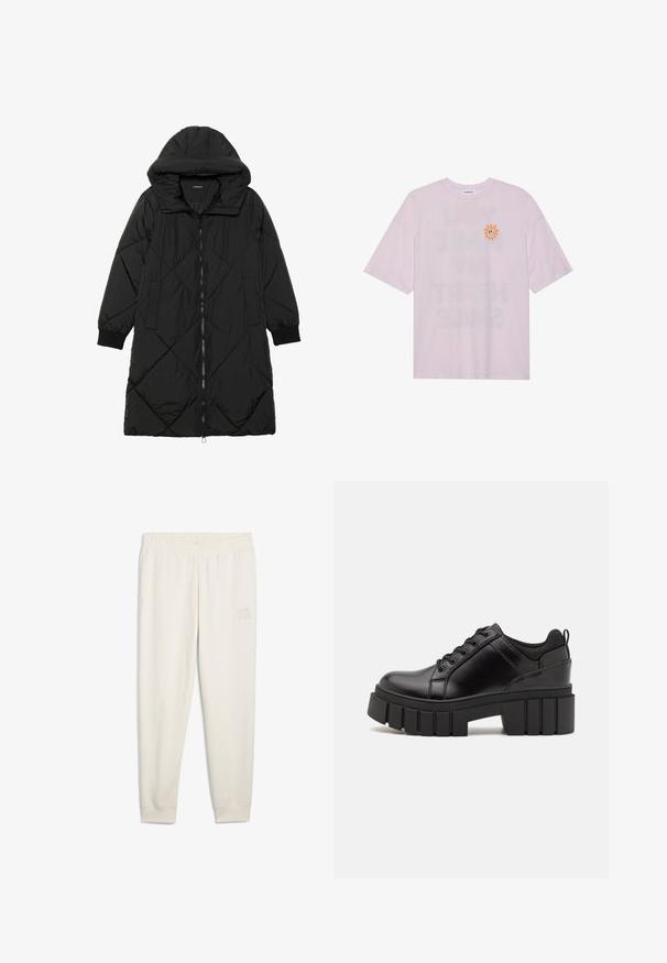 Musta tikattu puhvittakki hupulla, jossa on vetoketjukiinnitys, sivutaskut ja elastiset hihansuut. Sujuva, vettä hylkivä kangas.; Even&Odd Printtipaita - lavander fog; Housut väriltään kerma, pehmeästä kankaasta valmistetut, joissa on joustava vyötärö, sivutaskut ja pieni logopatch vasemmassa reidessä.; Mustat nahkakengät, joissa on lättihenkinen korko, pyöreä kärki ja perinteinen nauhakiinnitys. Ominaisuuksiin kuuluu sileä pintakuvio ja minimaalinen yksityiskohtaisuus.