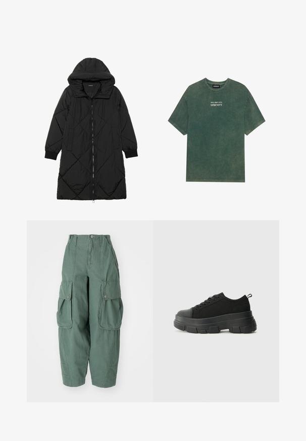 Fekete steppelt pufi kabát kapucnival, cipzáras záródással, oldalsó zsebekkel és elasztikus mandzsettákkal. Simább, vízlepergető anyag.; Zöld pamut póló kerek nyakkal és rövid ujjakkal. A fehér színű, elhalványult nyomtatott szöveg olvasható: "MERÜLJ EL A BÉKÉBEN". Puha tapintású.; Zöld cargo nadrág, pamut anyagból készült, elasztikus derékkal, oldalzsebekkel és laza, kényelmes szabással.; Fekete sportcipők vastag gumitalppal, texturált szövet felsőrésszel, kerek orral és fűzős kialakítással. Megerősített fűzőlyukakkal és hátsó húzófüllel rendelkezik.