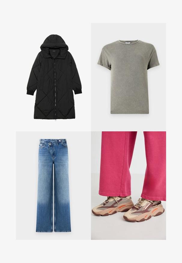 Zwarte gewatteerde pufferjas met een capuchon, voorzien van een ritssluiting, zijzakken en elastische manchetten. Glad, waterafstotend materiaal.; Verbleekte groene t-shirt, korte mouwen, ronde halslijn, zachte katoen materiaal, licht versleten textuur, casual pasvorm.; Lichtblauwe wijde jeans met een vervaagde wassing, voorzien van een klassieke vijf-pocketontwerp en metalen knoopaccenten bij de taille.; Chunky beige sneakers met mesh en bruine accenten, voorzien van oranje highlights en een gestructureerde zool. Draag ze met roze broeken voor een casual uitstraling.