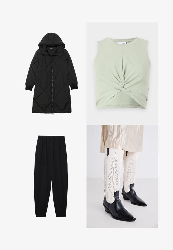 Juodas siūtais pūkų paltas su gobtuvu, turintis užtrauktuką, šonines kišenes ir elastines rankoves. Lygus, vandeniui atsparus audinys.; Šviesiai žalia be rankovių palaidinė, pagaminta iš minkštos medžiagos, su sukta priekiu ir prigludusia forma. Lygus paviršius, apvalus iškirpimas.; Juodi, lengvi kelnių su elastinga juosmens juosta ir surinktais kulkšniais. Audinys yra lygus ir turi atsipalaidavusį, siaurėjantį dizainą.; Juodi kaubojiški batai su tekstūru, smailiomis nosimis ir žemais bloko kulnais, derinami su baltais aptemptais džinsais, papuoštais juodomis zigzaginėmis siūlėmis.