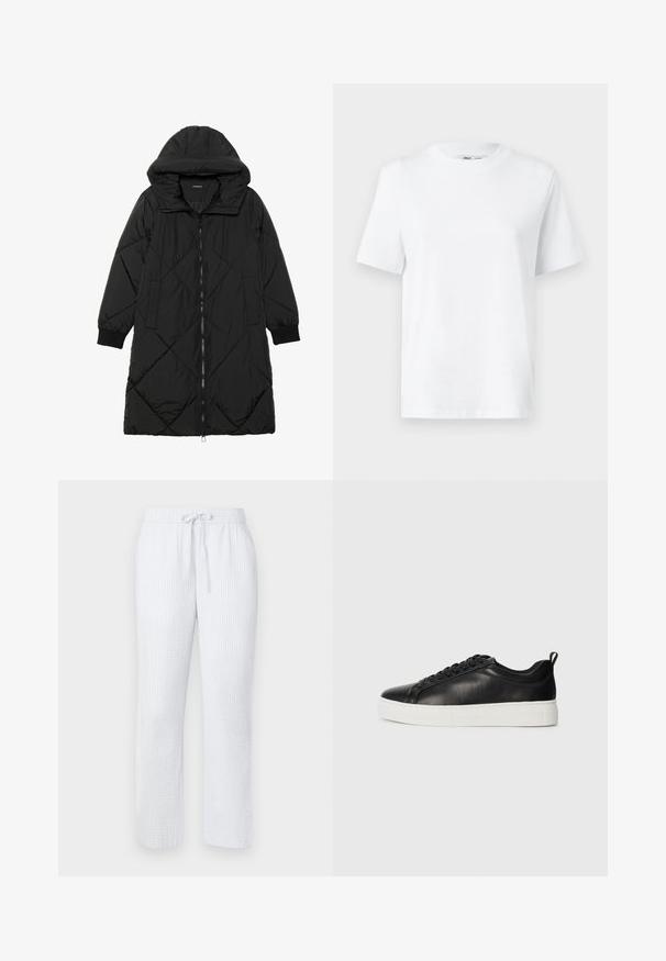 Black quilted puffer coat with a hood, featuring a zip closure, side pockets, and elastic cuffs. Smooth, water-resistant fabric.; White cotton crew-neck t-shirt featuring short sleeves and a smooth texture. Designed with a relaxed fit for comfort and versatility.; Light blue pajama pants with a textured pattern, elastic waistband, and drawstring. Straight-legged design, lightweight fabric.; Black low-top leather sneaker with black laces and white thick rubber sole, viewed from the outer side on a white background.