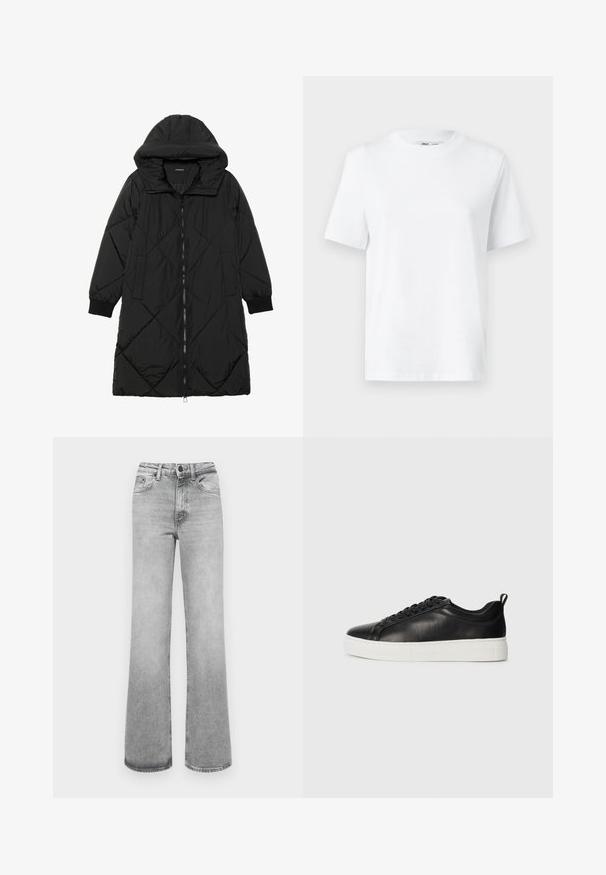 Musta tikattu puhvittakki hupulla, jossa on vetoketjukiinnitys, sivutaskut ja elastiset hihansuut. Sujuva, vettä hylkivä kangas.; Valkoinen puuvillainen T-paita pyöreällä kaula-aukolla, jossa on lyhyet hihat ja sileä pinta. Suunniteltu rennoksi mukavuuden ja monikäyttöisyyden vuoksi.; Vaaleanharmaat haalistuneet suorat farkut, joissa on etutaskut, vyölenkit sekä nappi- ja vetoketjusuljenta.; Musta matala nahka-tennarit mustilla nauhoilla ja valkoisella paksulla kumipohjalla, nähtynä ulkosivulta valkoista taustaa vasten.