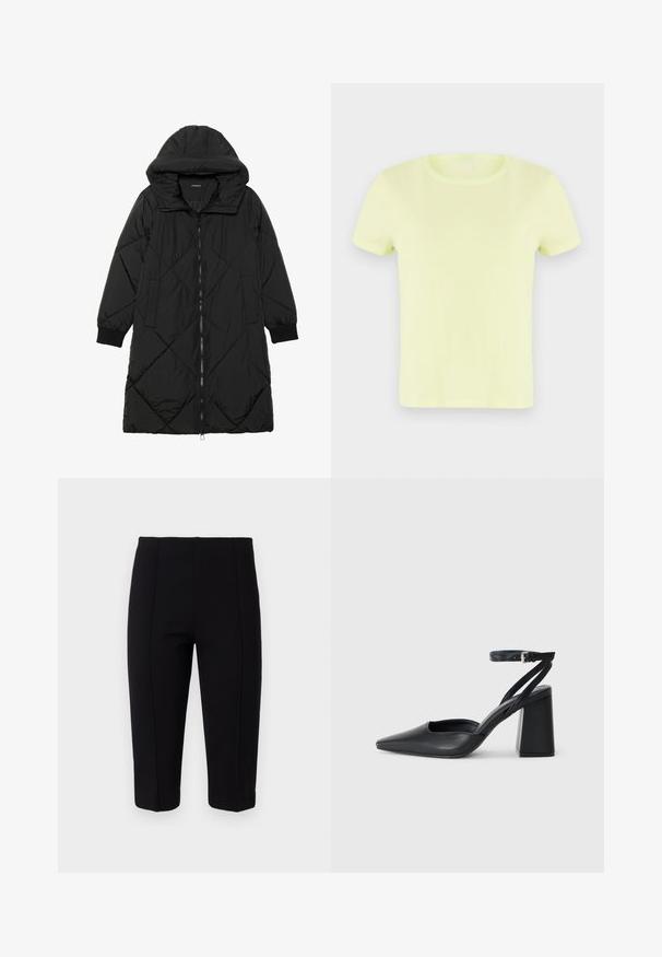Geacă puffer neagră, matlasată, cu glugă, având închidere cu fermoar, buzunare laterale și manșete elastice. Material neted, rezistent la apă.; Tricou cu mânecă scurtă, de culoare galben neon, din bumbac. Dispune de un guler rotund clasic și o textură fină, ușoară.; Pantaloni negri scurți dintr-un material elastic, cu detalii de cusătură în față și o croială ajustată, oferind o siluetă netedă.; Pantofii cu toc ascuțit din piele neagră, cu breteaua pentru glezne și toc gros. Textură netedă, design elegant și estetică minimală.