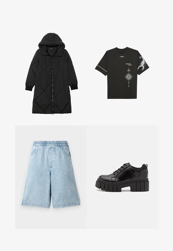 Manteau matelassé noir avec capuche, doté d'une fermeture éclair, de poches latérales et de poignets élastiques. Tissu lisse et résistant à l'eau.; T-shirt noir en coton présentant des impressions graphiques blanches, incluant un scorpion et des motifs abstraits. Manches courtes ; col rond.; Shorts en denim bleu clair avec une taille élastique, des poches latérales et des rayures blanches sur les côtés, offrant une coupe décontractée et une texture lisse.; Chaussures à plateforme en cuir noir avec un talon bloc épais, bout rond et un design traditionnel à lacets. Elles présentent une texture lisse et un détail minimal.