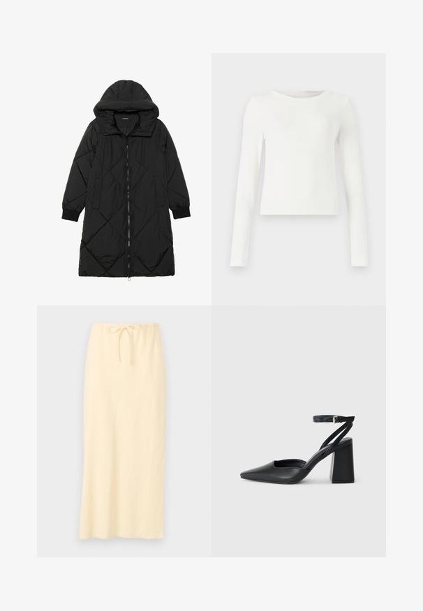 Schwarze, gesteppten Puffermantel mit Kapuze, ausgestattet mit einem Reißverschluss, seitlichen Taschen und elastischen Bündchen. Glattes, wasserabweisendes Material.; Weißes Langarmshirt mit Rippstruktur und Rundhalsausschnitt. Glatte Textur, figurbetonter Schnitt und keine sichtbaren Muster oder Akzente. Schlichter und minimalistischer Stil.; Helle gelbe, lange Rock aus atmungsaktiven Stoff mit einem elastischen Bund, der eine Kordel zur Anpassung der Passform enthält. Glatte Textur, keine Muster.; Schwarze Leder-Pumps mit spitzer Zehe, einem Knöchelriemen und einem blockigen Absatz. Flache Textur, elegantes Design und minimalistische Ästhetik.
