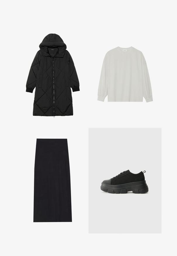 Juodas siūtais pūkų paltas su gobtuvu, turintis užtrauktuką, šonines kišenes ir elastines rankoves. Lygus, vandeniui atsparus audinys.; Šviesiai pilkas ilgomis rankovėmis marškinėliai, pagaminti iš minkštos medvilnės. Sukurtas laisvam prigludimui, apvaliu iškirpimu ir švelniai susigūžusiomis rankovėmis. Be raštų ar piešinių.; Juodas midi sijonas, pagamintas iš minkštos, tamprios medžiagos. Turi tiesią siluetą ir elastinį liemenį, užtikrinantį patogų prigludimą.; Juodos sportinės bateliai su stambiu guminiais padu, tekstūrizuotu audinio viršumi, apvaliu pirštu ir raištelių uždarymu. Yra sutvirtinti akių angos ir nugaros kilputė.