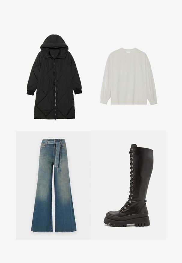 Manteau matelassé noir avec capuche, doté d'une fermeture éclair, de poches latérales et de poignets élastiques. Tissu lisse et résistant à l'eau.; T-shirt à manches longues gris clair en coton doux. Présente une coupe ample, un col rond et des poignets légèrement froncés. Aucun motif ni graphique.; Pantalons en denim à jambe large présentant un dégradé de bleu clair à bleu foncé, taille haute, passants de ceinture et une ceinture en tissu assortie. Finition en denim texturé.; Steve Madden CARINA - Bottes à plateau - black