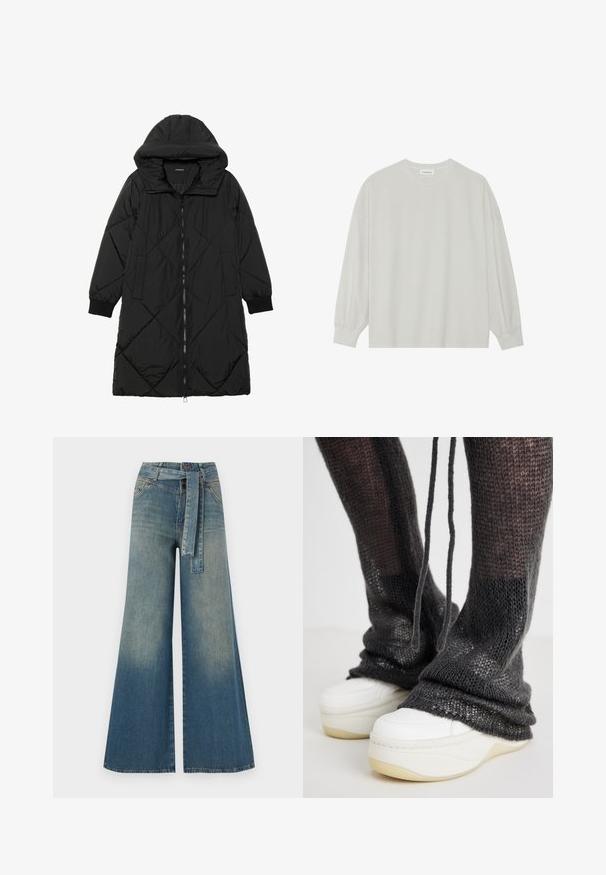 Fekete steppelt pufi kabát kapucnival, cipzáras záródással, oldalsó zsebekkel és elasztikus mandzsettákkal. Simább, vízlepergető anyag.; Világosszürke, hosszú ujjú póló, puha pamutból készült. Szabad, laza szabású, kerek nyakkivágással és finoman ráncolt mandzsettával rendelkezik. Nincs rajta minta vagy grafikák.; Bőszárú farmernadrág, világos és sötétkék árnyalatokkal, magas derekú, övgyűrűkkel és a nadrággal megegyező anyagú övvel. Textúrált farmer kivitel.; Sötét szürke, laza szabású kötött lábmelegítők, húzózsinórral, fehér platform tornacipőkkel, melyek texturált talppal rendelkeznek.