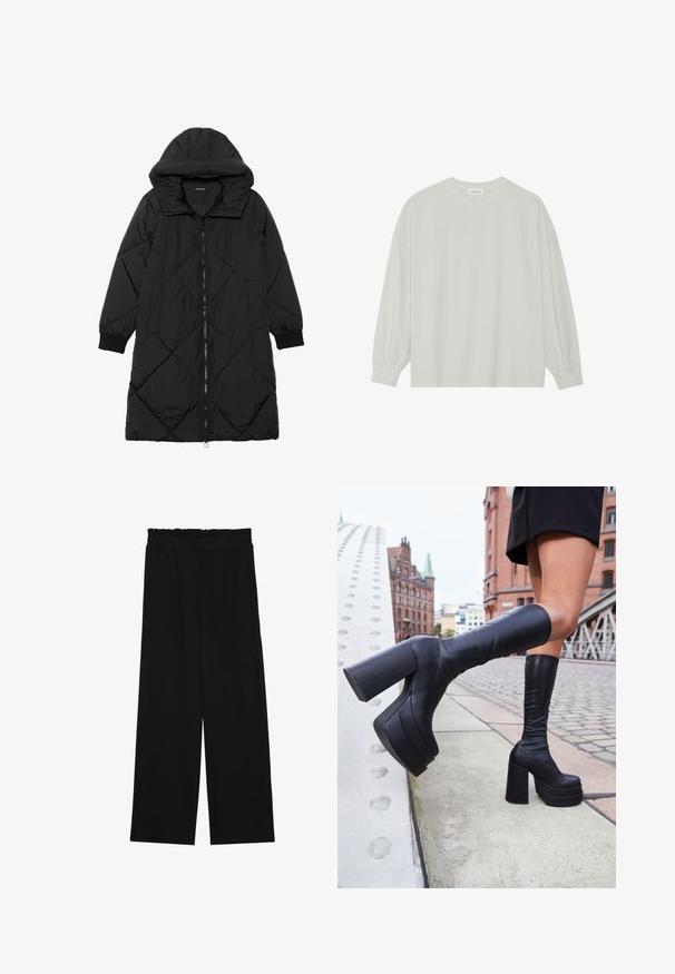 Zwarte gewatteerde pufferjas met een capuchon, voorzien van een ritssluiting, zijzakken en elastische manchetten. Glad, waterafstotend materiaal.; Lichtgrijze langarm t-shirt van zacht katoen. Heeft een losse pasvorm, ronde halslijn en zachtGathered manchetten. Geen patronen of graphics.; Zwarte wijde broek met een gerimpelde tailleband, voorzien van twee zijzakken en een soepele, lichte stof. Geen zichtbare patronen of hardware.; Zwarte kniehoge platformlaarzen van glad leder, met dikke vierkante hakken en een slank ontwerp, tegen een stadsachtergrond.