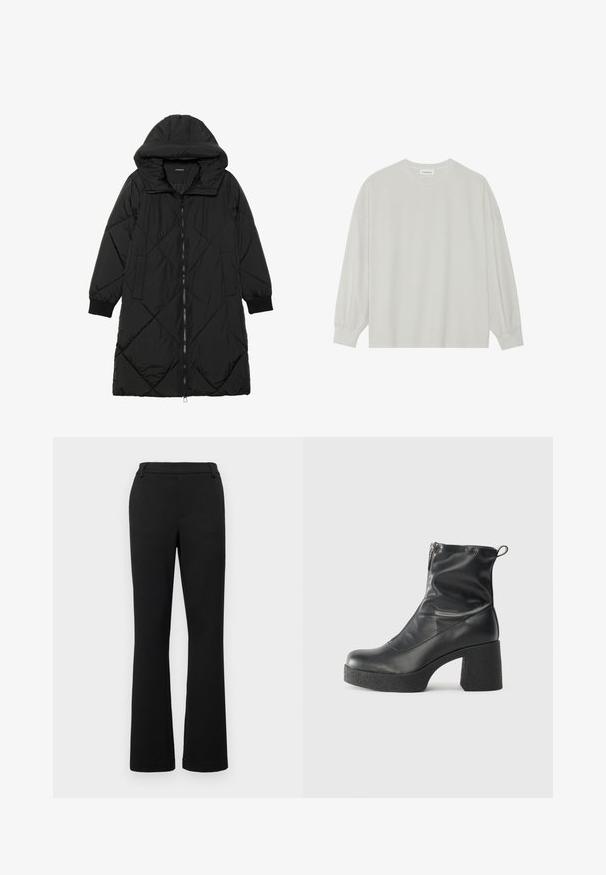 Svart quiltet puffjakke med hette, med glidelås, sidelommer og elastiske mansjetter. Glatt, vannavvisende stoff.; Lys grå langermet t-skjorte laget av myk bomull. Har en løs passform, rund hals og forsiktig samlet mansjetter. Ingen mønstre eller grafikk.; Sorte flagrende bukser laget av strekke materiale. Har flat midje, beltehemper og frontlommer. Jevn tekstur og skreddersydd passform.; Svarte ankelstøvler laget av glatt lær, med glidelås på siden, chunky strukturert hæl, og rund tå-design.