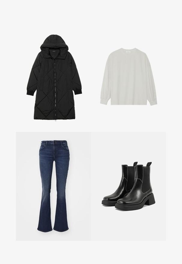 Manteau matelassé noir avec capuche, doté d'une fermeture éclair, de poches latérales et de poignets élastiques. Tissu lisse et résistant à l'eau.; T-shirt à manches longues gris clair en coton doux. Présente une coupe ample, un col rond et des poignets légèrement froncés. Aucun motif ni graphique.; Jean flare bleu foncé en denim, avec une taille ajustée, un design à cinq poches et une légère décoloration pour une texture au niveau des cuisses et des genoux.; Bottes Chelsea en cuir noir avec un talon épais, des panneaux latéraux élastiques et des coutures blanches contrastantes. Fini texturé.