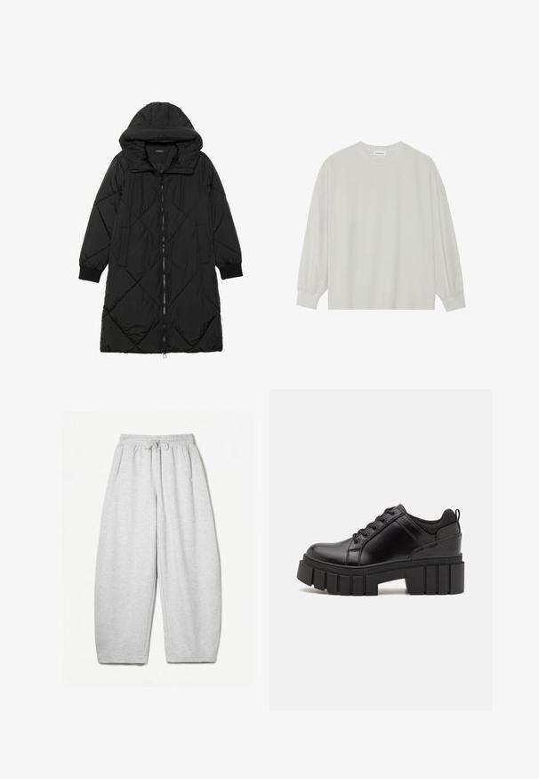 Zwarte gewatteerde pufferjas met een capuchon, voorzien van een ritssluiting, zijzakken en elastische manchetten. Glad, waterafstotend materiaal.; Lichtgrijze langarm t-shirt van zacht katoen. Heeft een losse pasvorm, ronde halslijn en zachtGathered manchetten. Geen patronen of graphics.; Lichtgrijze sweatpants met een ontspannen pasvorm, elastische tailleband, trekkoord en zijzakken; gemaakt van zachte, gestructureerde stof.; Zwarte leren platform schoenen met een stevige blokhak, ronde neus en een traditionele vetersluiting. Kenmerkt zich door een gladde textuur en minimale details.