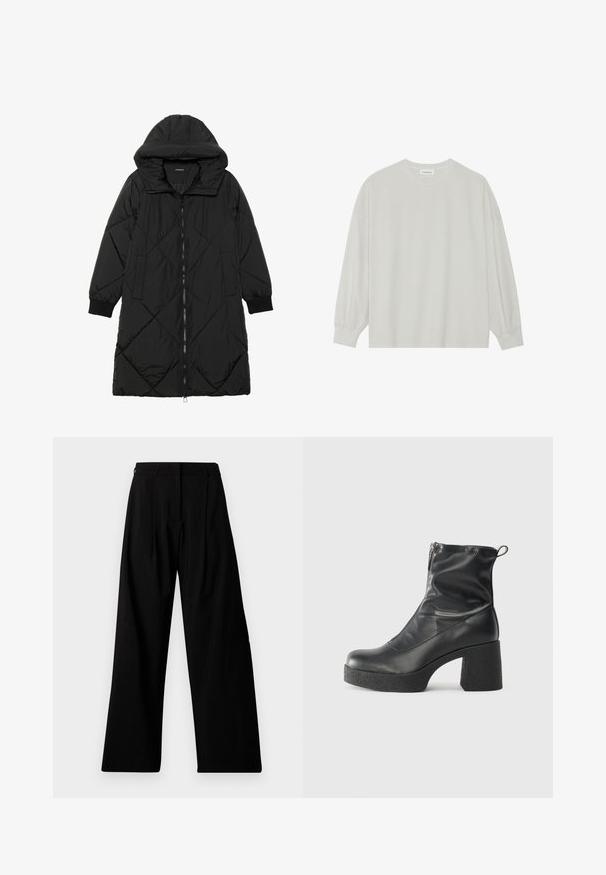 Casaco puffer acolchoado preto com capuz, apresentando um fecho de correr, bolsos laterais e punhos elásticos. Tecido suave e à prova d'água.; Camisola de manga longa cinza clara, feita de algodão suave. Apresenta um corte solto, decote redondo e punhos ligeiramente franzidos. Sem padrões nem gráficos.; Calças pretas de perna larga com alta cintura, apresentando pregas, fecho frontal oculto e marcação mínima na perna esquerda.; Botas de tornozelo pretas feitas de couro liso, com fecho lateral, salto grosso texturizado e design de bico arredondado.