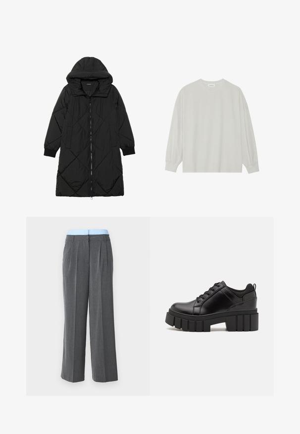 Μαύρο πλεκτό μπουφάν με κουκούλα, που διαθέτει κλείσιμο με φερμουάρ, πλαϊνές τσέπες και ελαστικούς καρπούς. Λείο, αδιάβροχο ύφασμα.; Ανοιχτό γκρι μακρυμάνικη μπλούζα φτιαγμένη από μαλακό βαμβάκι. Έχει χαλαρή εφαρμογή, στρογγυλή λαιμόκοψη και ελαφρώς συγκεντρωμένα μανίκια. Χωρίς σχέδια ή γραφικά.; Even&Odd Petite BOXER LONG - Παντελόνι - mottled grey; Μαύρα δερμάτινα παπούτσια πλατφόρμας με παχύ μπλοκ τακούνι, στρογγυλή μύτη και παραδοσιακό σχέδιο δέσιμο. Διαθέτουν λεία υφή και ελάχιστες λεπτομέρειες.