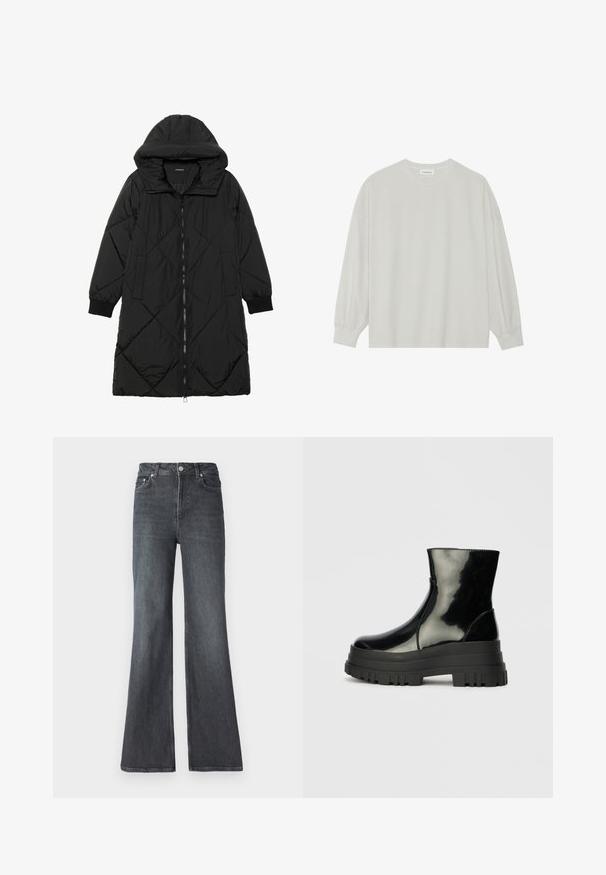 Geacă puffer neagră, matlasată, cu glugă, având închidere cu fermoar, buzunare laterale și manșete elastice. Material neted, rezistent la apă.; Tricou pe șir cu mâneci lungi, de culoare gri deschis, confecționat din bumbac moale. Are o croială lejeră, decolteu rotund și manșete ușor bufante. Fără modele sau grafica.; Jeanși evazați din denim închisu la culoare, cu talie înaltă, care includ buzunare frontale, fermoar și un design clasic cu cinci buzunare.; Botine negre, lucioase, până la gleznă, cu talpă groasă și vârf rotund, vedere laterală pe un fundal gri deschis, simplu.