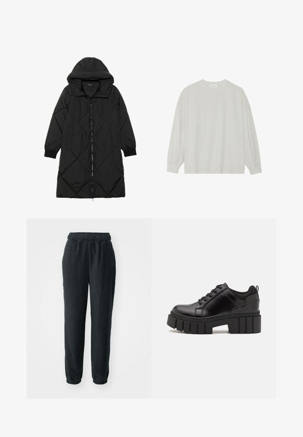 Casaco puffer acolchoado preto com capuz, apresentando um fecho de correr, bolsos laterais e punhos elásticos. Tecido suave e à prova d'água.; Camisola de manga longa cinza clara, feita de algodão suave. Apresenta um corte solto, decote redondo e punhos ligeiramente franzidos. Sem padrões nem gráficos.; Fleece preto com cintura elástica, pernas ajustadas e punhos canelados. Apresenta um pequeno logo do lado esquerdo. Textura suave.; Sapatos de plataforma em couro preto com um salto bloco robusto, bico redondo e design clássico de atacadores. Apresentam uma textura suave e detalhes mínimos.