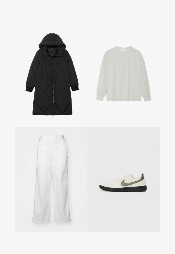 Casaco puffer acolchoado preto com capuz, apresentando um fecho de correr, bolsos laterais e punhos elásticos. Tecido suave e à prova d'água.; Camisola de manga longa cinza clara, feita de algodão suave. Apresenta um corte solto, decote redondo e punhos ligeiramente franzidos. Sem padrões nem gráficos.; Calças largas brancas feitas de algodão, com uma textura suave, corte reto, bolsos frontais e bainha limpa.; Nike Sportswear FIELD GENERAL - Sapatilhas - off-white/black