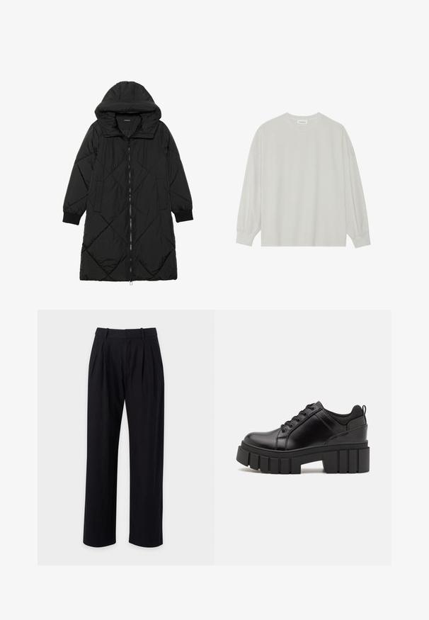 Melnas quiltētas pūkara mētelis ar kapuci, ar rāvējslēdzēja aizdari, sānu kabatām un elastīgām aprocēm. Gluda, ūdensizturīga auduma.; Gaišpelēka garām piedurknēm t-krekls, kas izgatavots no mīkstas kokvilnas. Iezīmē vaļīgu piegriezumu, apaļu kakla izgriezumu un viegli saplacinātas piedurknes. Nav rakstu vai grafikas.; Melni bikses ar taisnu kāju dizainu, ar krokām priekšpusē, gludu tekstūru un klasisku jostu, lai nodrošinātu stilīgu izskatu.; Melnas ādas platformas kurpes ar masīvu bloku papēdi, apaļu purngalu un tradicionālu saistīšanas dizainu. Izceļas ar gludu tekstūru un minimālu apdari.