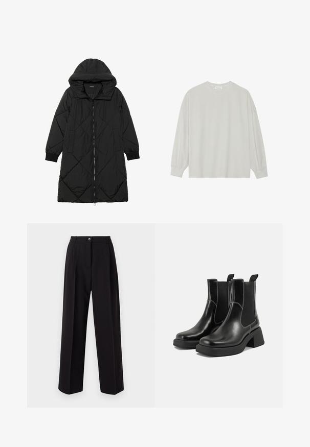 Fekete steppelt pufi kabát kapucnival, cipzáras záródással, oldalsó zsebekkel és elasztikus mandzsettákkal. Simább, vízlepergető anyag.; Világosszürke, hosszú ujjú póló, puha pamutból készült. Szabad, laza szabású, kerek nyakkivágással és finoman ráncolt mandzsettával rendelkezik. Nincs rajta minta vagy grafikák.; Fekete, bő szárú nadrág könnyű anyagból. Elöl gombos záródás, két oldalsó zseb és szabott derékpánt jellemzi. Nincsenek látható minták.; Fekete bőr Chelsea csizmák masszív sarkakkal, rugalmas oldalsó panelekkel és kontrasztos fehér varrással. Texturált felület.