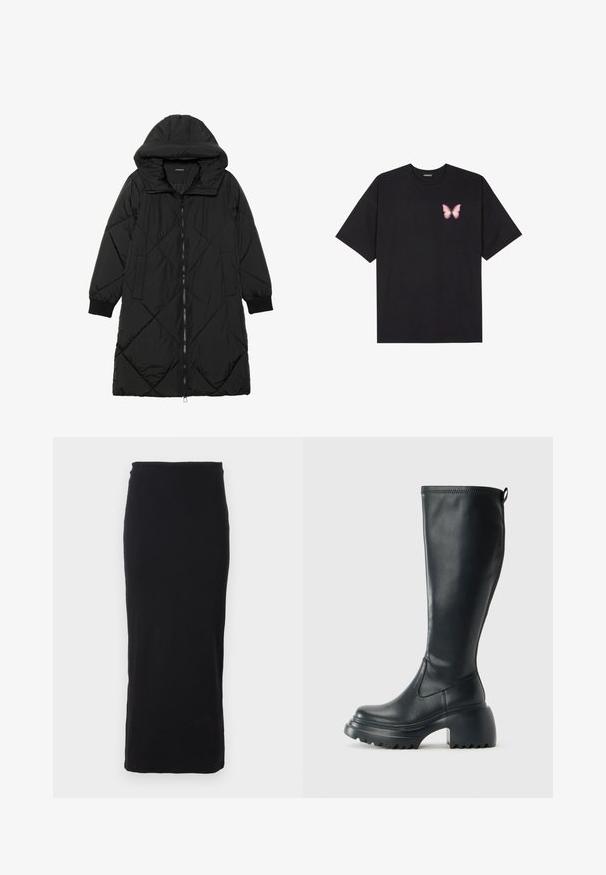 Casaco puffer acolchoado preto com capuz, apresentando um fecho de correr, bolsos laterais e punhos elásticos. Tecido suave e à prova d'água.; T-shirt de algodão preto com mangas curtas, apresentando um pequeno gráfico de borboleta rosa no lado esquerdo do peito. Design de gola redonda com um corte solto.; Saia preta, canelada, até ao joelho, ajustada, com um cós elástico; textura suave e design simples, sem embellishments.; Bota preta de couro alta com sola de plataforma robusta e salto bloco, apresentando puxador e padrão texturizado na sola.