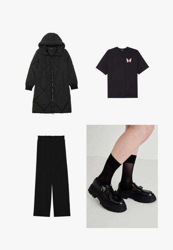 Manteau matelassé noir avec capuche, doté d'une fermeture éclair, de poches latérales et de poignets élastiques. Tissu lisse et résistant à l'eau.; T-shirt en coton noir à manches courtes, avec un petit graphique de papillon rose sur la poitrine gauche. Modèle à col rond avec une coupe décontractée.; Pantalons larges noirs à taille volante, dotés de deux poches latérales et d'un tissu lisse et léger. Pas de motifs ni de matériel visible.; Chaussures en cuir verni noir avec semelles épaisses, deux sangles décoratives et une boucle, accompagnées de chaussettes noires transparentes.