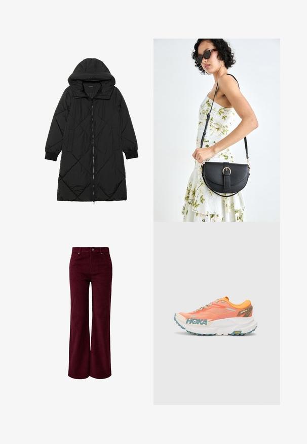 Čierna prešívaná páperová bunda s kapucňou, so zipsom, bočnými vreckami a elastickými manžetami. Hladká, vodeodolná tkanina.; Čierne bavlnené tričko s krátkymi rukávmi, s malým ružovým motýlikom na ľavej hrudi. Design s okrúhlym výstrihom a uvoľneným strihom.; Burgundské kordové nohavice s širokými nohavicami a textúrovaným povrchom, s predným zapínaním na gombík a dvoma bočnými vreckami.; Oranžovo-ružové bežecké topánky s hornou časťou z jemnej sieťoviny, bielou medzipodrážkou, Vibram podrážkou a svetlomodrými akcentmi. Na boku sa nachádza značka HOKA.; Čierna kožená kabelka s zaobleným tvarom, odnímateľným popruhom a zlatými doplnkami. Kabelka má klopu s detailom s prackou.