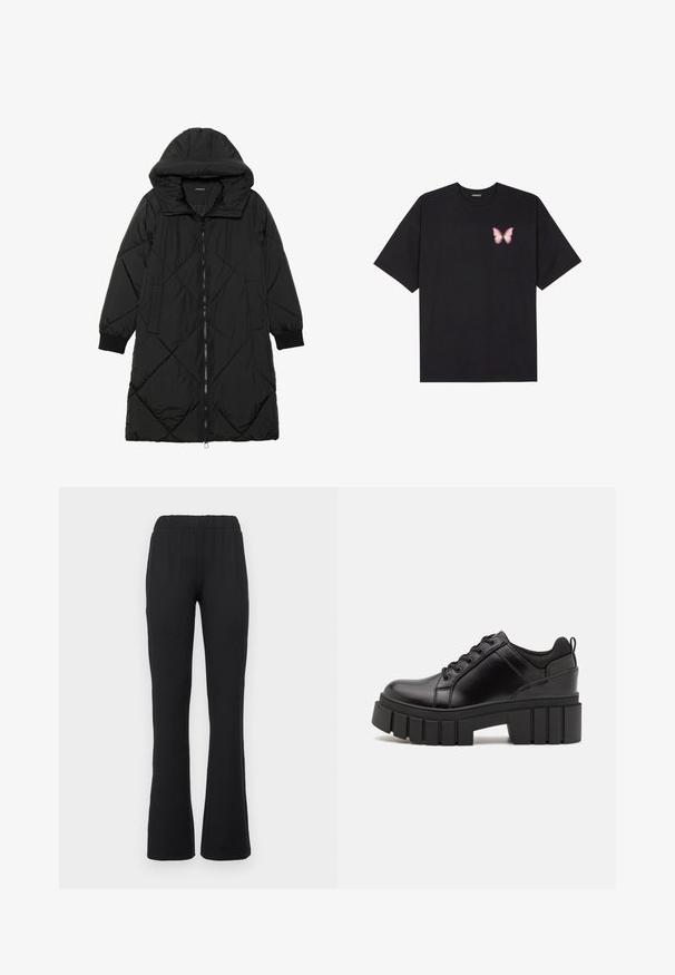 Black quilted puffer coat with a hood, featuring a zip closure, side pockets, and elastic cuffs. Smooth, water-resistant fabric.; Black cotton t-shirt with short sleeves, featuring a small pink butterfly graphic on the left chest. Crew neck design with a relaxed fit.; Black, flared pants with an elastic waistband, featuring a smooth texture and no visible patterns or hardware details.; Black leather platform shoes with a chunky block heel, round toe, and traditional lace-up design. Features smooth texture and minimal detailing.