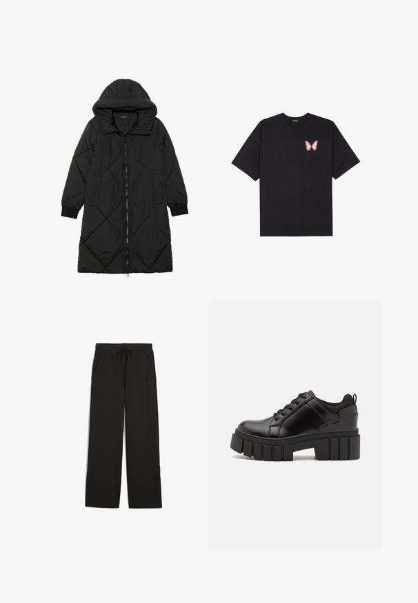 Fekete steppelt pufi kabát kapucnival, cipzáras záródással, oldalsó zsebekkel és elasztikus mandzsettákkal. Simább, vízlepergető anyag.; Fekete pamut póló rövid ujjakkal, bal mellkason egy kis rózsaszín pillangó grafikával. Kerek nyakú kialakítás, laza fazonnal.; Fekete, bő szárú melegítőnadrág, puha anyagból, rugalmas derékkal és zsinórral, két oldalsó zsebbel és logóval.; Fekete bőr platform cipők vaskos blokk sarkakkal, kerek orral és hagyományos fűzős kialakítással. Simára csiszolt felület és minimális részletezés jellemzi.