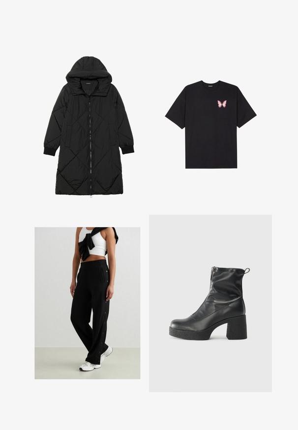 Manteau matelassé noir avec capuche, doté d'une fermeture éclair, de poches latérales et de poignets élastiques. Tissu lisse et résistant à l'eau.; T-shirt en coton noir à manches courtes, avec un petit graphique de papillon rose sur la poitrine gauche. Modèle à col rond avec une coupe décontractée.; Pantalon de jogging noir avec boutons pression sur le côté, taille élastique et deux poches latérales. Le tissu semble doux avec une texture lisse.; Bottes noires à la cheville en cuir lisse, dotées d'une fermeture éclair sur le côté, d'un talon épais texturé et d'une conception à bout rond.