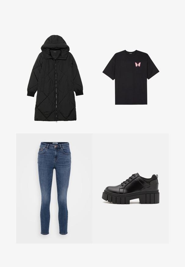 Fekete steppelt pufi kabát kapucnival, cipzáras záródással, oldalsó zsebekkel és elasztikus mandzsettákkal. Simább, vízlepergető anyag.; Fekete pamut póló rövid ujjakkal, bal mellkason egy kis rózsaszín pillangó grafikával. Kerek nyakú kialakítás, laza fazonnal.; Sötétkék skinny farmernadrág sima textúrával, öt zsebes kialakítással és réz gombbal a deréknál.; Fekete bőr platform cipők vaskos blokk sarkakkal, kerek orral és hagyományos fűzős kialakítással. Simára csiszolt felület és minimális részletezés jellemzi.