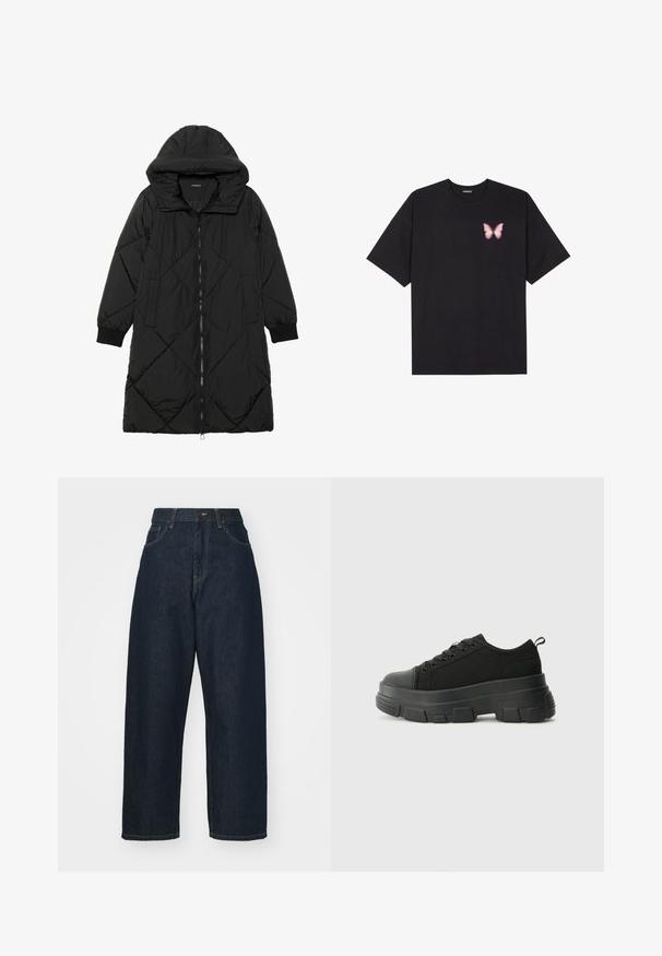 Zwarte gewatteerde pufferjas met een capuchon, voorzien van een ritssluiting, zijzakken en elastische manchetten. Glad, waterafstotend materiaal.; Zwarte katoenen t-shirt met korte mouwen, voorzien van een kleine roze vlinder graphic op de linkerkant van de borst. Crew neck ontwerp met een relaxte fit.; Donkerblauwe denim wijde-spijkerbroek met een hoge taille. Voorzien van zijzakken en traditionele stiksels. Gladde textuur, rechte snit.; Zwarte sneakers met een stevige rubberen zool, textiel bovenwerk, ronde neus en vetersluiting. Beschikt over versterkte oogjes en een trekstrip aan de achterkant.