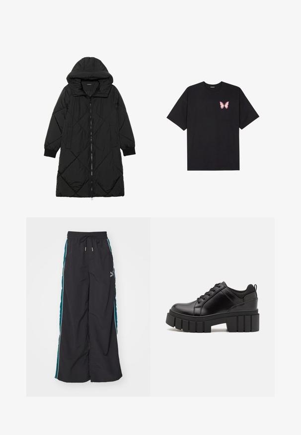Zwarte gewatteerde pufferjas met een capuchon, voorzien van een ritssluiting, zijzakken en elastische manchetten. Glad, waterafstotend materiaal.; Zwarte katoenen t-shirt met korte mouwen, voorzien van een kleine roze vlinder graphic op de linkerkant van de borst. Crew neck ontwerp met een relaxte fit.; Zwarte wijde broek met een drawstring tailleband, teal zijkanten en witte accentstripes. Gemaakt van een gladde, lichte stof.; Zwarte leren platform schoenen met een stevige blokhak, ronde neus en een traditionele vetersluiting. Kenmerkt zich door een gladde textuur en minimale details.