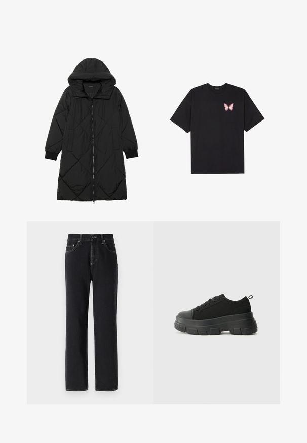 Musta tikattu puhvittakki hupulla, jossa on vetoketjukiinnitys, sivutaskut ja elastiset hihansuut. Sujuva, vettä hylkivä kangas.; Musta puuvillapaita lyhyillä hihoilla, jossa on pieni vaaleanpunainen perhosgrafiikka vasemmassa rinnassa. Pyöreä kaula-aukko ja rento istuvuus.; Mustat farkut suoralla lahkeella, joissa on näkyvät ompeleet, viisi taskua ja etunappi.; Mustat urheilukengät, joissa on paksu kumipohja, teksturoitu kangasvarsi, pyöreä kärki ja nauhalukitus. Varusteena vahvistetut nauhareiät ja takana vetotanko.