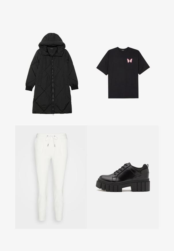 Casaco puffer acolchoado preto com capuz, apresentando um fecho de correr, bolsos laterais e punhos elásticos. Tecido suave e à prova d'água.; T-shirt de algodão preto com mangas curtas, apresentando um pequeno gráfico de borboleta rosa no lado esquerdo do peito. Design de gola redonda com um corte solto.; Calças de moletão brancas feitas de tecido suave, com cintura elástica ajustável, dois bolsos laterais e um corte afunilado, sem padrões ou detalhes visíveis.; Sapatos de plataforma em couro preto com um salto bloco robusto, bico redondo e design clássico de atacadores. Apresentam uma textura suave e detalhes mínimos.