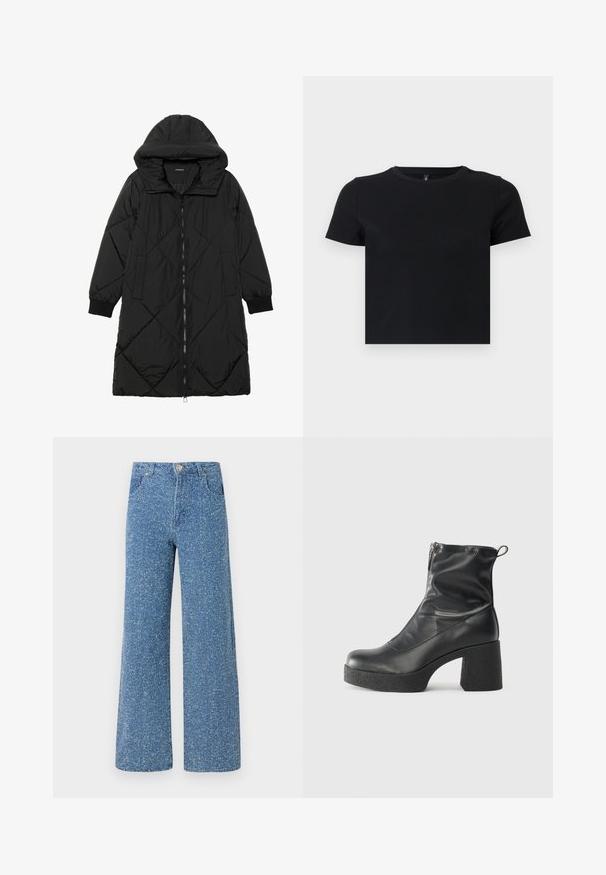 Crna tkanina sa štepom puffer kaput s kapuljačom, sa zatvaračem na zip, bočnim džepovima i elastičnim manžetama. Glatka, vodootporna tkanina.; Crna majica s kratkim rukavima napravljena od mekanog pamuka. Ima okrugli izrez i pripijen kroj. Glatka tekstura bez uzoraka ili naglasaka.; Plave traperice širokih nogavica s točkastom teksturom, sa prednjim zatvaračem na gumb, petljama za remen i dva prednja džepa.; Crne gležnjače od glatke kože, s bočnim zatvaračem, debelim teksturiranim potplatom i dizajnom s zaobljenim prstima.