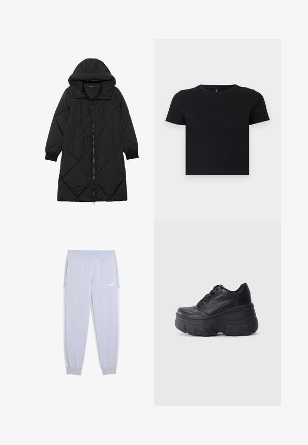 Črna prešita puffer jakna s kapuco, ki ima zadrgo, stranske žepe in elastične manšete. Gladek, vodoodporen material.; Črna majica s kratkimi rokavi, izdelana iz mehke bombažne tkanine. Ima okroglo ovratnico in oprijet kroj. Gladka tekstura brez vzorcev ali dodatkov.; Svetlo vijoličaste hlače za prosti čas, izdelane iz mehkega materiala, z obrobnim pasom, stranskimi žepi in belimi črtami.; Črne vezalke čevlji s debelim podplatom, z gladkim usnjem na vrhu, okroglo konico in izrazitim plastastim oblikovanjem podplata.