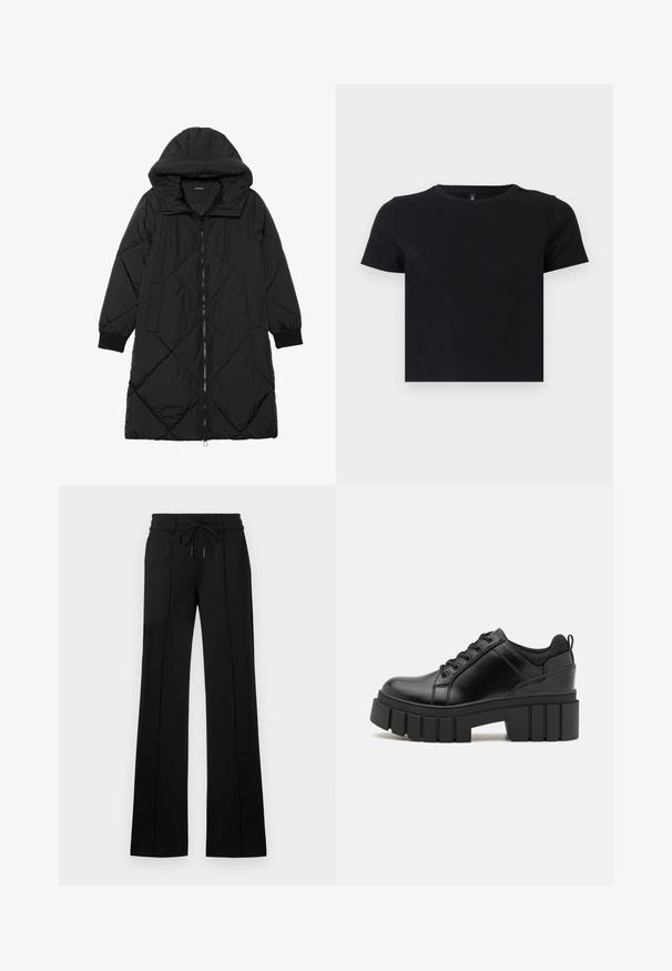 Czarna pikowana kurtka puchowa z kapturem, z zapięciem na zamek, bocznymi kieszeniami i elastycznymi mankietami. Gładki, wodoodporny materiał.; Czarny t-shirt z krótkim rękawem wykonany z miękkiej bawełny. Posiada okrągły dekolt i dopasowany krój. Gładka tekstura bez wzorów lub akcentów.; Czarne dopasowane spodnie z elastycznym paskiem. Posiadają prosty krój, dwa przednie szwy oraz gładki materiał o lekkim połysku.; Czarne skórzane buty na platformie z masywnym słupkowym obcasem, okrągłym noskiem i klasycznym sznurowaniem. Posiadają gładką teksturę i minimalne wykończenia.