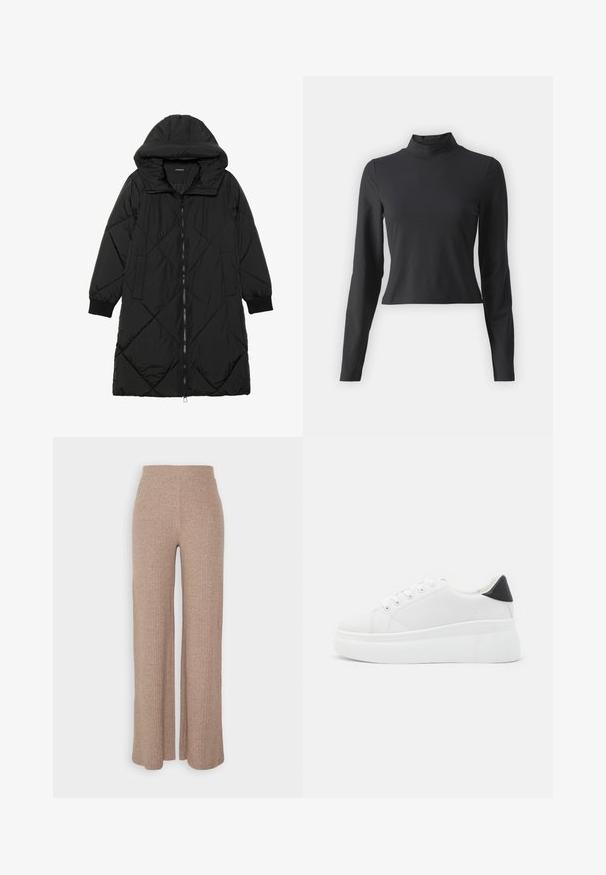 Must-havesinise mustris quiltitudis puffer jakk, millel on kapuuts, tõmblukk, küljetaskud ja elastsed varrukad. Sile, veekindel kangas.; Must mustreidingul jämeda kaelusega must top, valmistatud pehmest ja venivast kangast. Kena lõikega ja lühikese pikkusega, sileda tekstuuriga.; Beez ribaga laiad püksid kõrge vöökohaga ja pehme tekstuuriga, millel on avar lõige ja nähtamatud kinnitused.; Valged platvormsneakerid, mis on valmistatud siledast sünteetilisest materjalist, ovaalse toe, paelkinnise disaini ja tekstuurse kummitaldiga. Must kontsrihm.