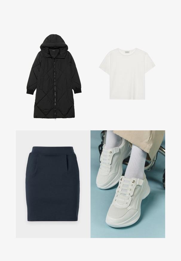 Schwarze, gesteppten Puffermantel mit Kapuze, ausgestattet mit einem Reißverschluss, seitlichen Taschen und elastischen Bündchen. Glattes, wasserabweisendes Material.; Weißes T-Shirt mit kurzen Ärmeln aus weicher Baumwolle. Verfügt über einen runden Halsausschnitt und eine lockere Passform. Sauberes Design ohne sichtbare Muster oder Akzente.; Marineblauer Stretch-Jersey-Rock mit figurbetontem Schnitt, ausgestattet mit einem glatten Taillenbund und zwei Fronttaschen.; Weiße Sneaker aus Mesh-Material, mit Gummisohle, schnürfreiem Design mit elastischen Bändern und goldfarbenen Akzenten.