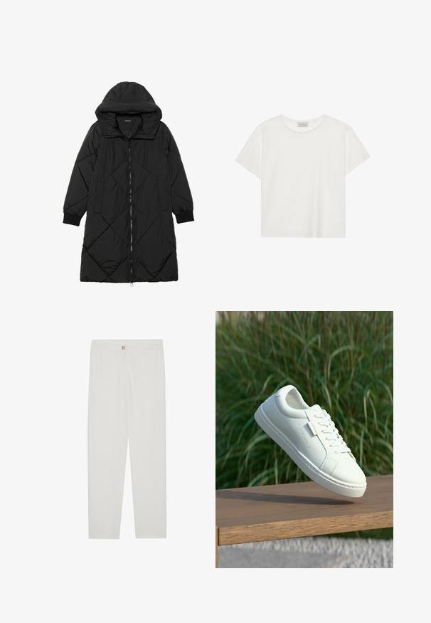 Juodas siūtais pūkų paltas su gobtuvu, turintis užtrauktuką, šonines kišenes ir elastines rankoves. Lygus, vandeniui atsparus audinys.; Balta trumpa rankovė T-marškiniai, pagaminti iš minkštos medvilnės. Charakterizuojami apvali kaklo iškirpte ir laisvu siluetu. Švarus dizainas be matomų raštų ar akcentų.; Baltos, pritaikytos kelnės su tiesaus kirpimo dizainu, su sagčių uždarymu, dirželių kilpomis ir šoninėmis kišenėmis; lygus audinio tekstūros.; Baltos odinės sportbačiai su raišteliais, skrendantys virš medinio suolo, o fone neryškiai matosi aukšti žali žolės stiebai lauke.