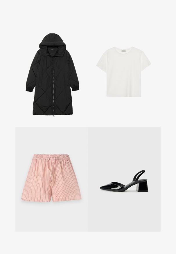 Black quilted puffer coat with a hood, featuring a zip closure, side pockets, and elastic cuffs. Smooth, water-resistant fabric.; White short-sleeve T-shirt made of soft cotton. Features a round neckline and relaxed fit. Clean design with no visible patterns or accents.; Light pink shorts with vertical red stripes, made of soft fabric. Features an elastic waistband with a drawstring for adjustment.; Black patent leather slingback heels with a pointed toe and a geometric block heel. Features a sleek, minimal design and smooth texture.
