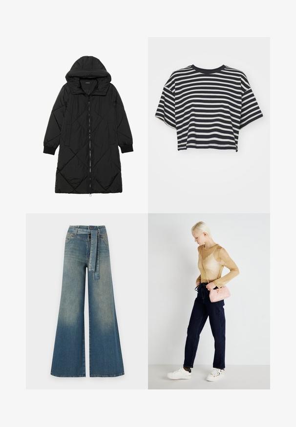 Black quilted puffer coat with a hood, featuring a zip closure, side pockets, and elastic cuffs. Smooth, water-resistant fabric.; Striped cropped t-shirt in navy and white. Short sleeves, round neckline, soft fabric with horizontal stripes and a relaxed fit.; Wide-leg denim trousers featuring a light to dark blue gradient, high waist, belt loops, and a matching fabric belt. Textured denim finish.; Sheer gold long-sleeve top paired with dark blue straight-leg jeans. Carrying a small pink quilted purse with a chain strap and white sneakers.