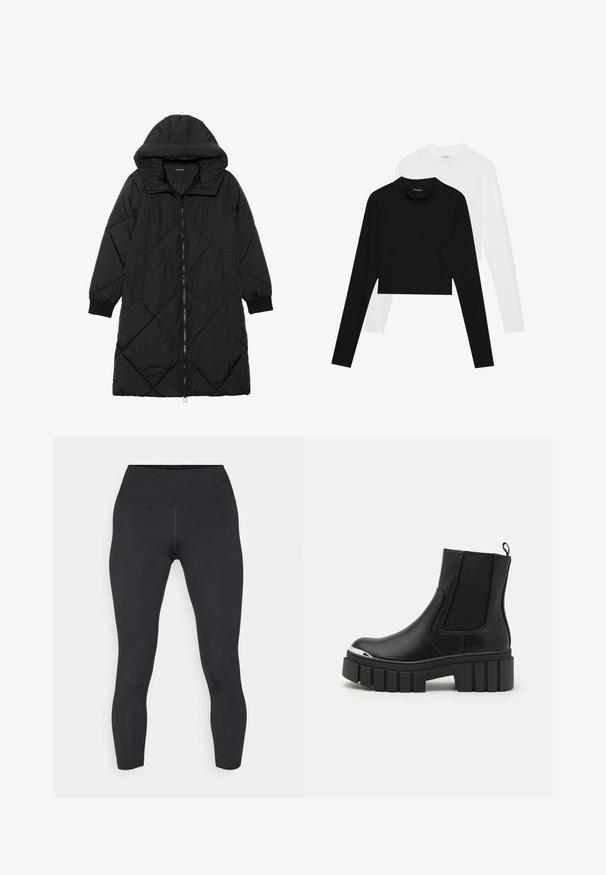 Crna tkanina sa štepom puffer kaput s kapuljačom, sa zatvaračem na zip, bočnim džepovima i elastičnim manžetama. Glatka, vodootporna tkanina.; Set od dva duga rukava, kratkih majica u crnoj i bijeloj boji. Izrađene od mekog materijala s okruglim izrezom i prilagođenim krojem.; Crne tajice s visokim strukom, izrađene od glatkog i rastezljivog materijala. Imaju ravne šavove i oblikovani dizajn.; Crne gležnjače od glatke kože s elastičnim panelima, debelim platformskim potplatom i metalnim vrhom.