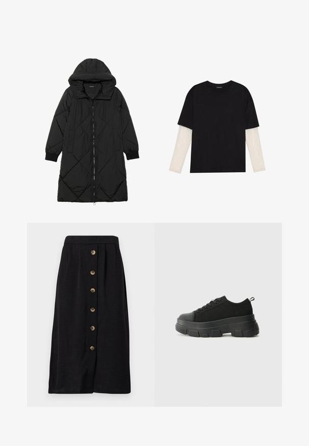 Schwarze, gesteppten Puffermantel mit Kapuze, ausgestattet mit einem Reißverschluss, seitlichen Taschen und elastischen Bündchen. Glattes, wasserabweisendes Material.; Schwarzes T-Shirt aus Baumwolle mit kurzen Ärmeln über einer weißen Langarmschicht, die ein dezentes strukturiertes Muster aufweist. Rundhalsausschnitt.; Schwarze Midirock aus strukturiertem Stoff, mit einer Frontknopfleiste mit fünf bronzefarbenen Knöpfen und geradem Schnitt.; Schwarze Sneakers mit einer dicken Gummisohle, strukturiertem Obermaterial, runder Zehenpartie und Schnürdesign. Verfügt über verstärkte Ösen und eine Schlaufe an der Rückseite.