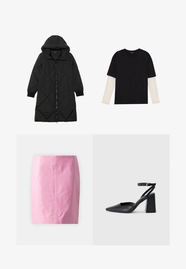 Must-havesinise mustris quiltitudis puffer jakk, millel on kapuuts, tõmblukk, küljetaskud ja elastsed varrukad. Sile, veekindel kangas.; Mustmust särk, mis on valmistatud puuvillast, lühikeste varrukatega, valge pika varrukaga kihi peal, millel on peene tekstuuriga muster. Ümar kaelus.; Roosa nahkne mini-seelik sileda tekstuuri, puhaste joonte ja minimaalsete detailidega. Omab keskel asuvat taguse seamit, et tagada struktuur.; Mustmustest must-käigukingad, millel on konksuga nöör ja paks konts. Ühtlane tekstuur, stiilne disain ja minimalistlik esteetika.